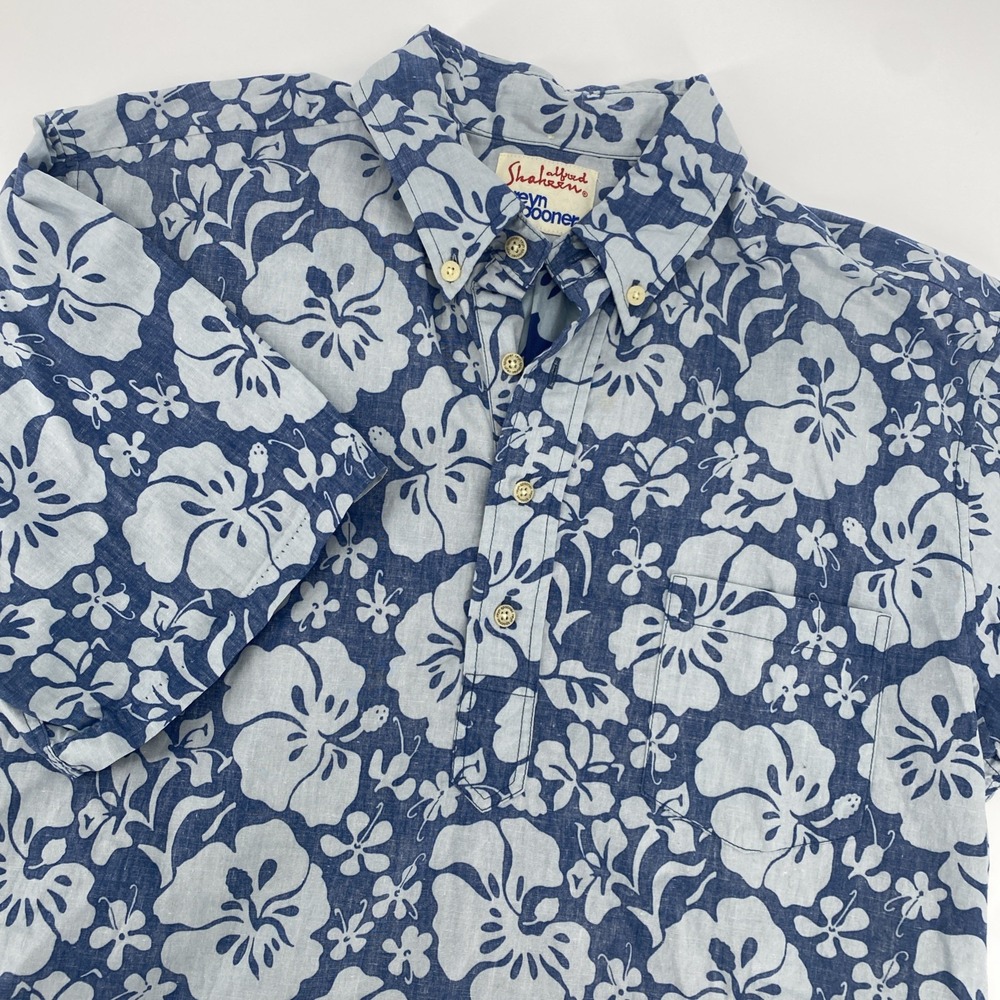REYN SPOONER Reverse Print Single Pocket Hawaiian Floral Hibiscus Blue Men's‎ LG